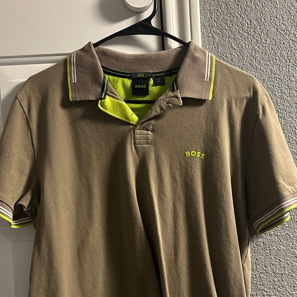 Boss Men's Tan Polo Shirt with Yellow Highlights